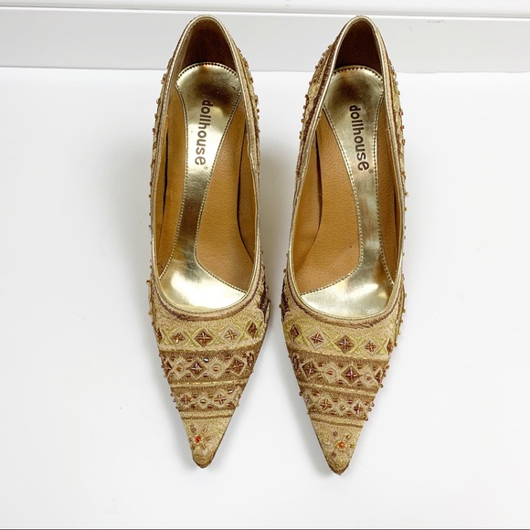 Dollhouse gold embroidered beaded pointed toe heel - Picture 2 of 10